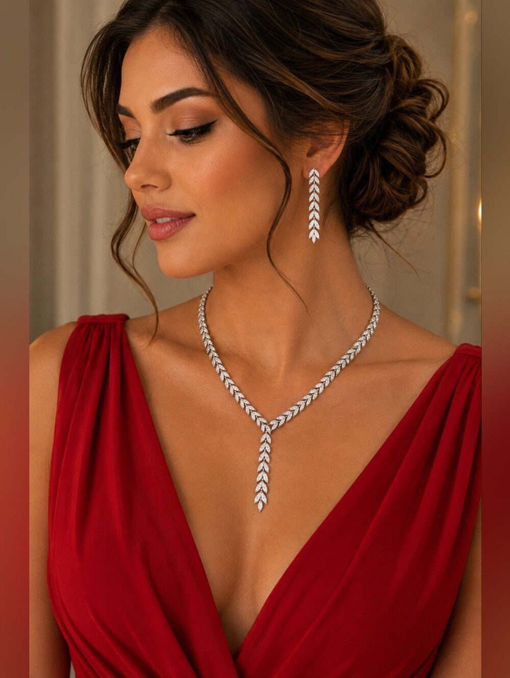 Elegant Silver  Swarovski Leaf Lariat Necklace with Matching Earrings -